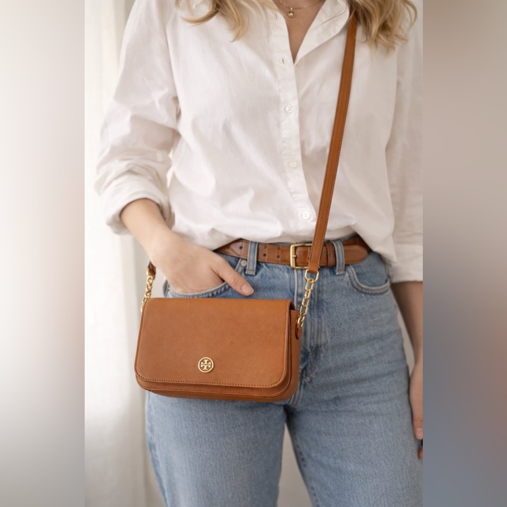 Tory Burch Robinson Mini Crossbody Saffiano Leather Brown Tan